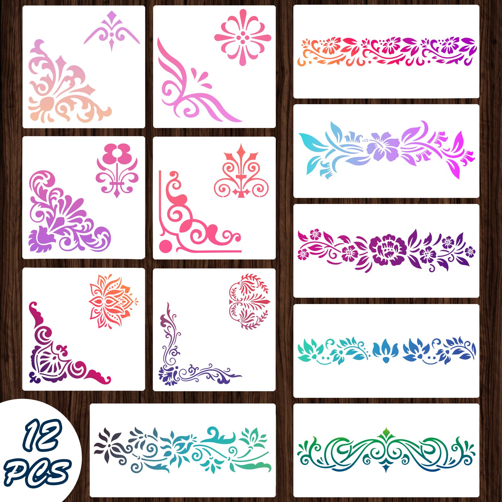 Qpout 12 Pezzi Stencil per Bordi di Fiori per Pittura, Stencil di Bordi per Disegno di Totem Tribale Fiore per Dipingere su Parete Mobili in Legno Pannello in Porcellana Wallpaper, Paper, Fabric