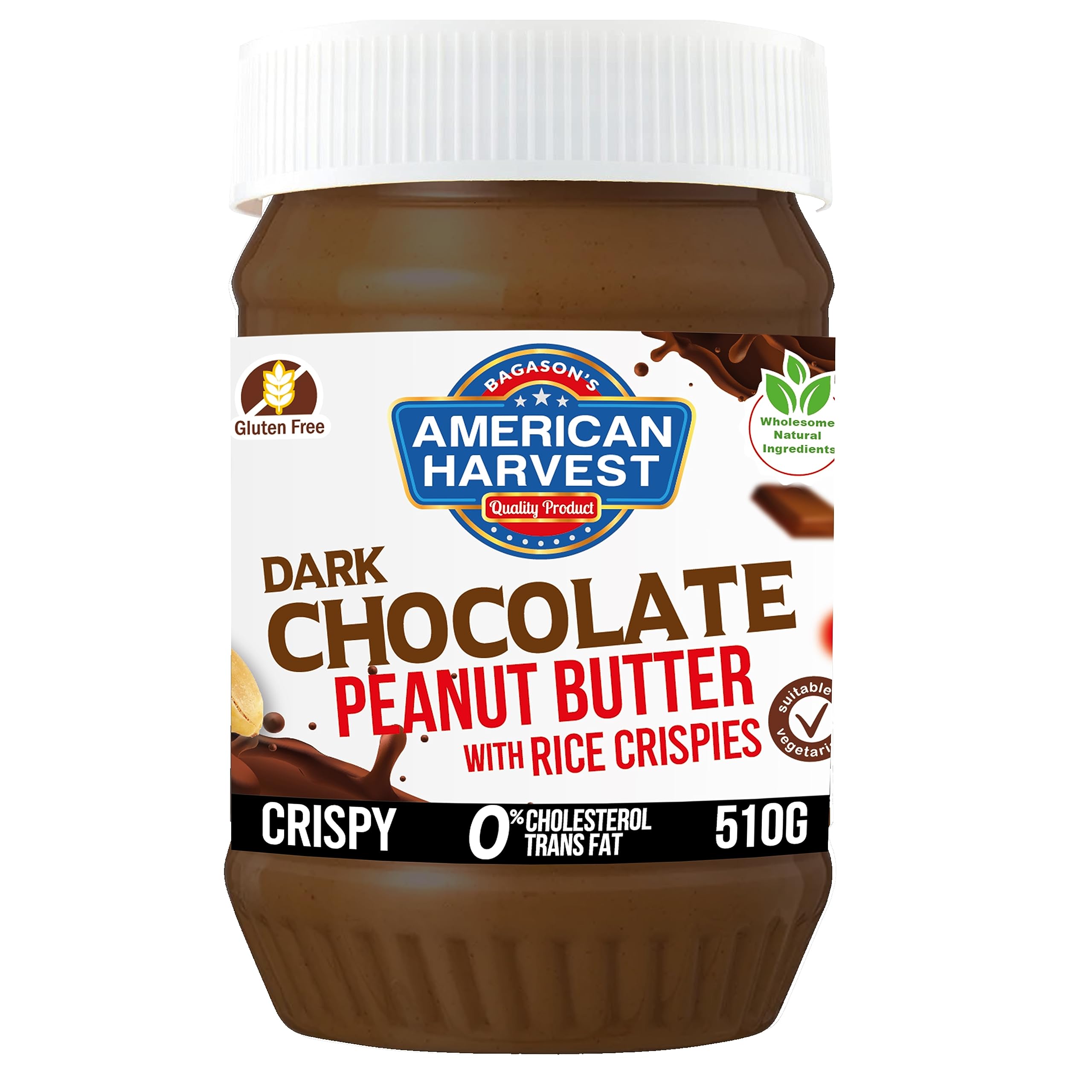 American Harvest Dark Chocolate Peanut Butter - with Rice Crispies 510gAmerican Harvest Dark Chocolate Peanut Butter…