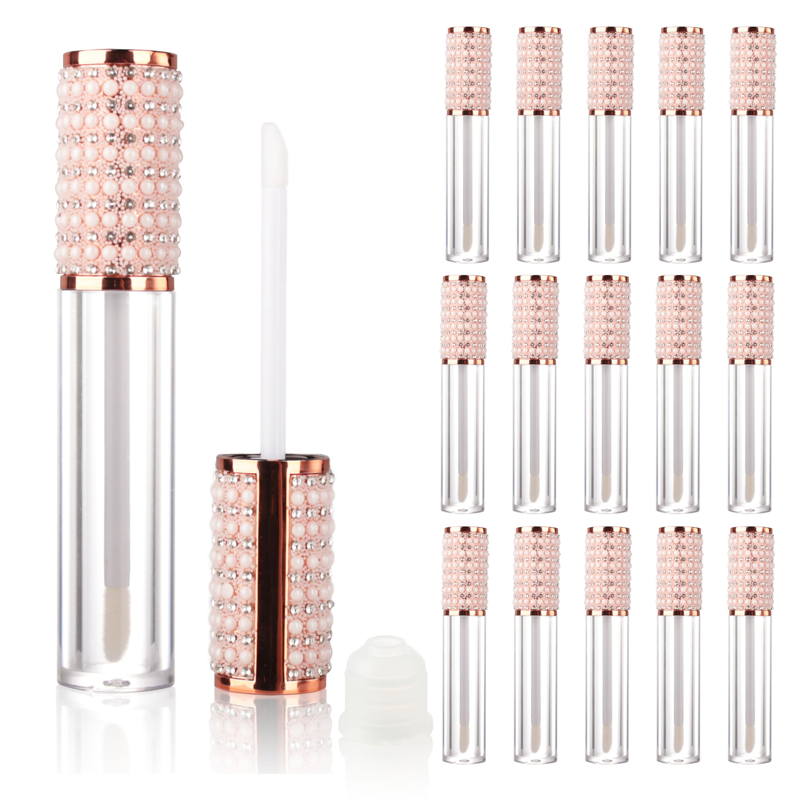 COSIDEA 15pcs Round Empty 5ml 0.17oz Rose Gold lip gloss tubes with wand pearl Lipgloss tube containers for lip oil packing