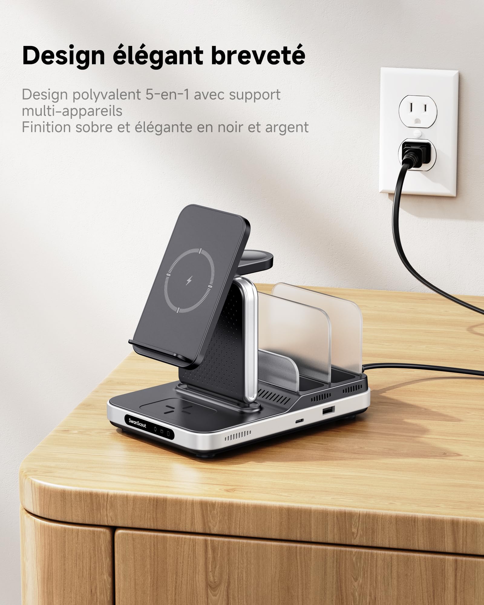 SwanScout Station de charge 5 en 1 pour appareils Samsung, Chargeur sans fil pour série Samsung S25/S24/S23/S22, Galaxy Watch Ultra/7/6/5/4, Galaxy Buds, compatible Galaxy Tab/iPad/Switch, Modèle 901S