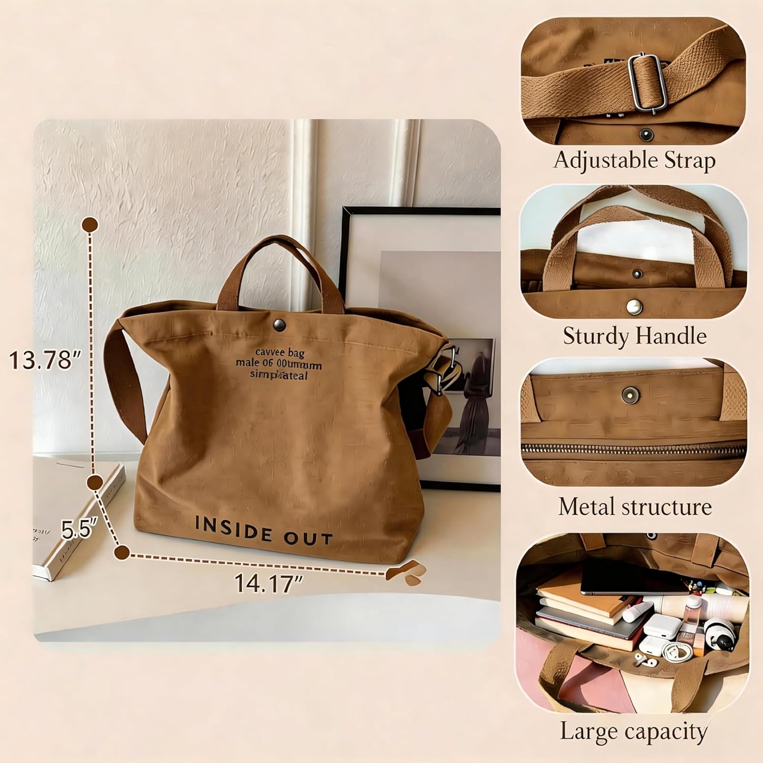 Canvas Tote Bag for Women, Large Capacity Durable Crossbody Shoulder Bag, Reusable Shopping for Work College Travel