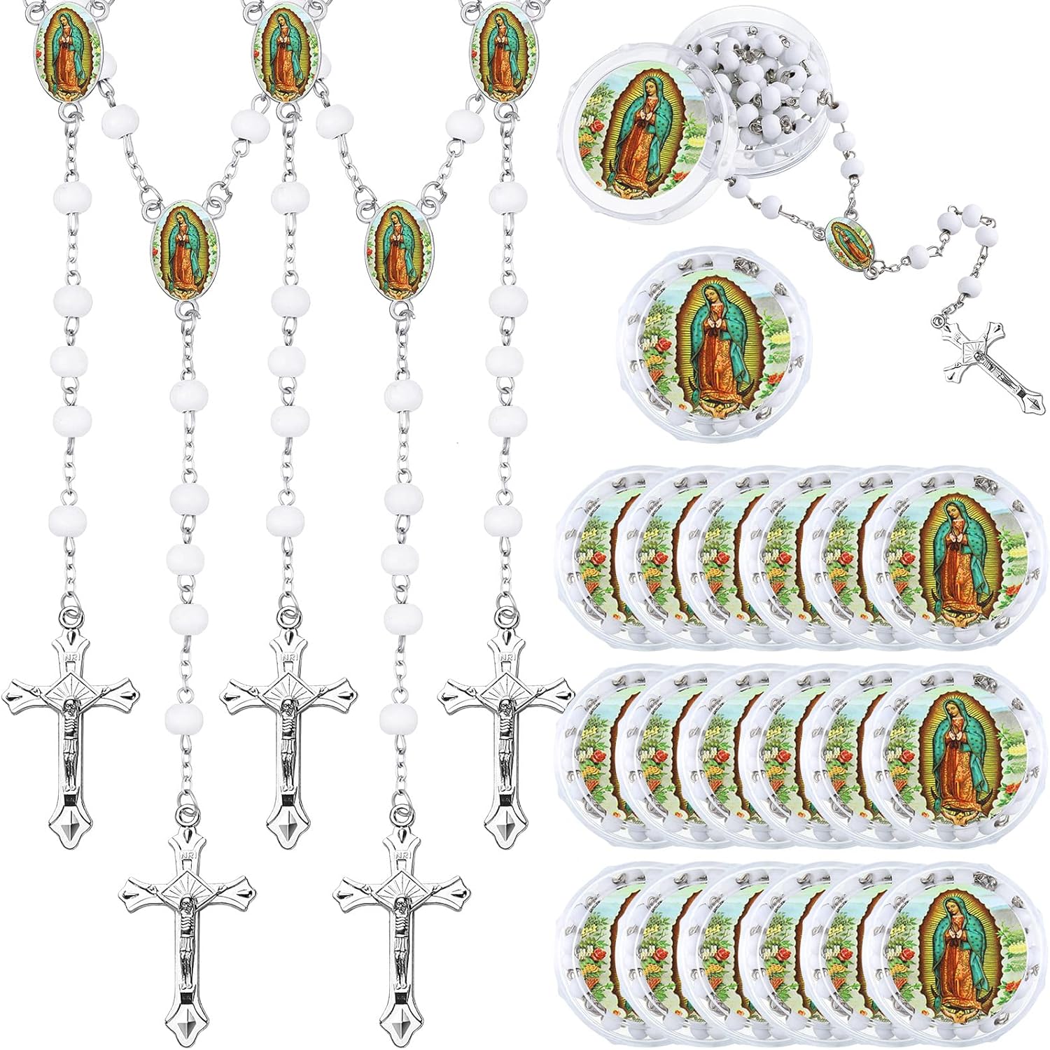 Jadive Lady Guadalupe Scented Rosary Beads Necklace Bulk Baptism Favors First Communion Rosarios Catolicos with Clear Gift Box