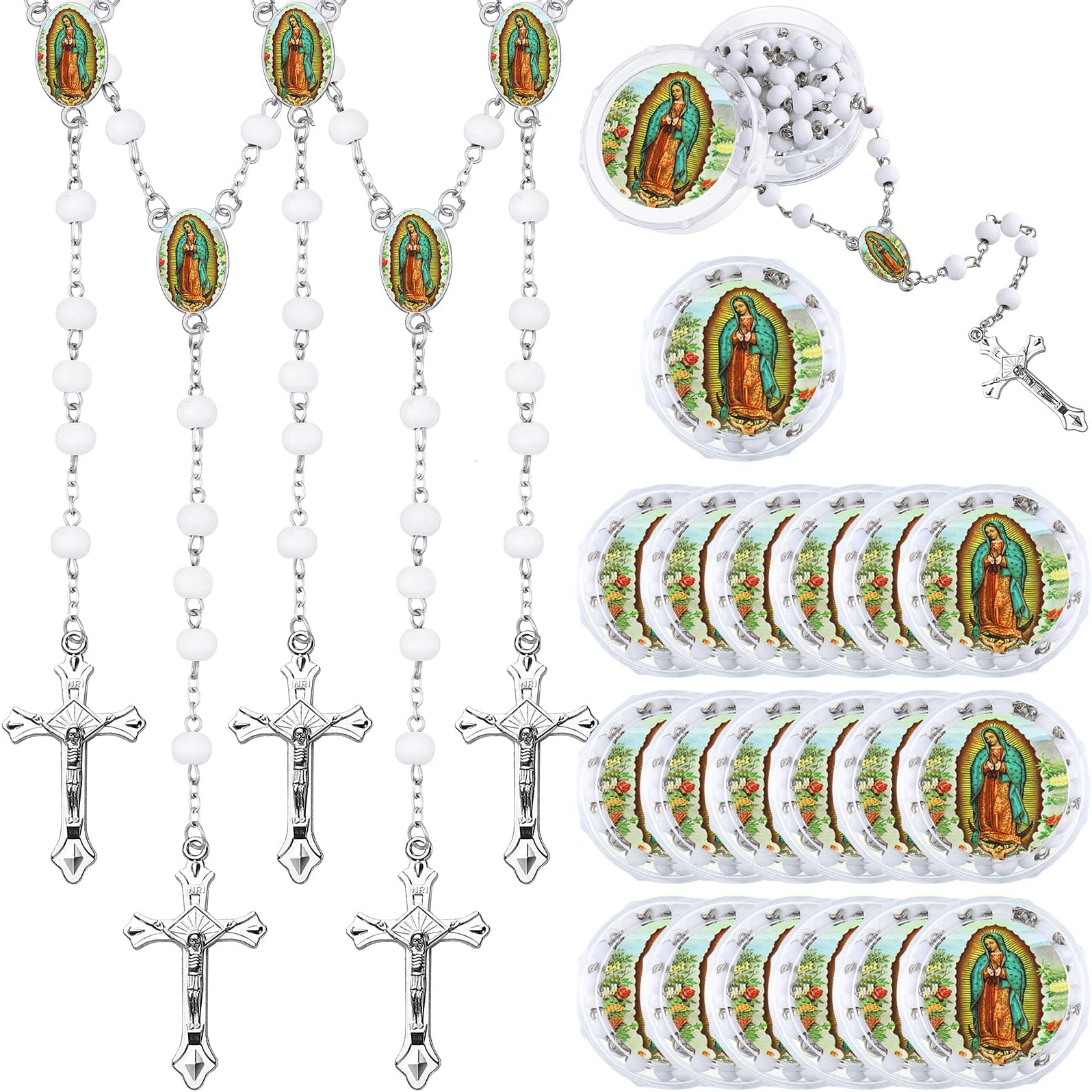 Jadive 24 Pcs Lady Guadalupe Scented Rosary Beads Necklace with 24 Clear Gift Box First Communion Baptism Beaded Necklace Favor