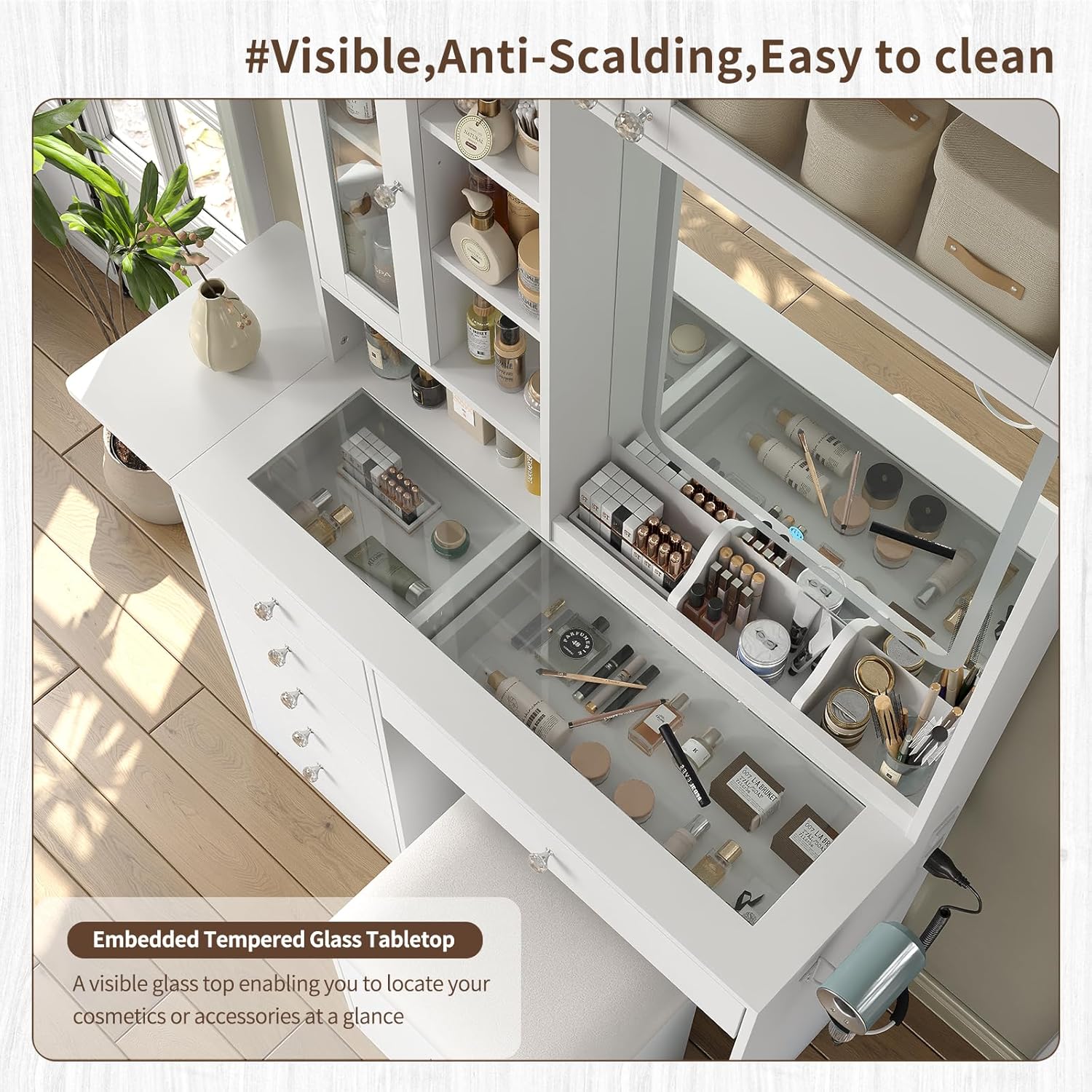 72'' Tall Vanity Desk with LED Mirror, 6 Drawers Makeup Vanity with Charging Station, 2 Transparent Cabinets & 3 Shelves, Glass Top Vanity Set with Storage Stool for Bedroom, White