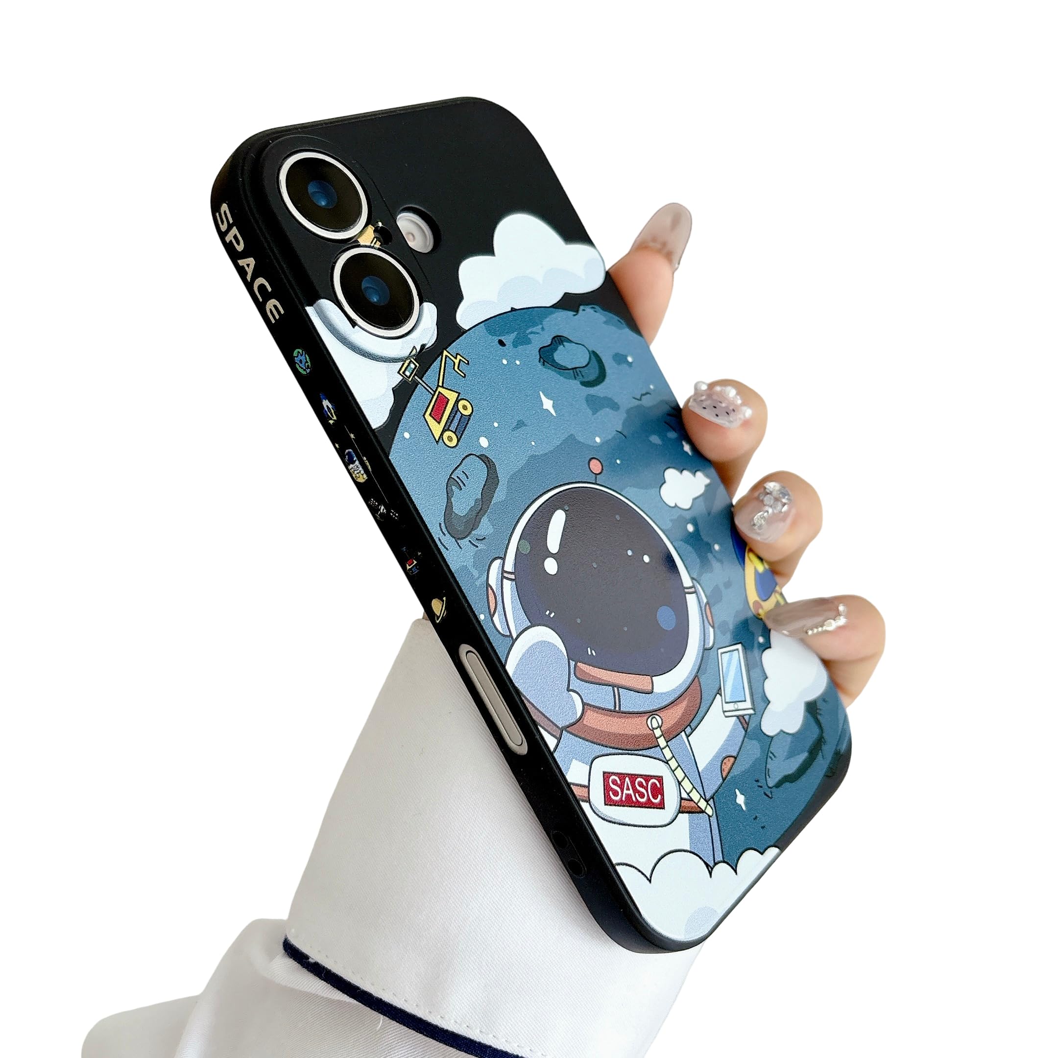 Yonds Queen Funda bonita para iPhone 17, diseño de astronauta de dibujos animados planeta luna espacio elegante y suave TPU a prueba de golpes funda de moda (luna negra, iPhone 17)