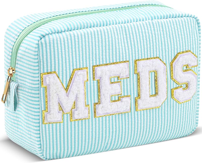 Sanwuta Necessaire de maquiagem em tecido seersucker listrado com aplique chenille Meds, Lake Blue