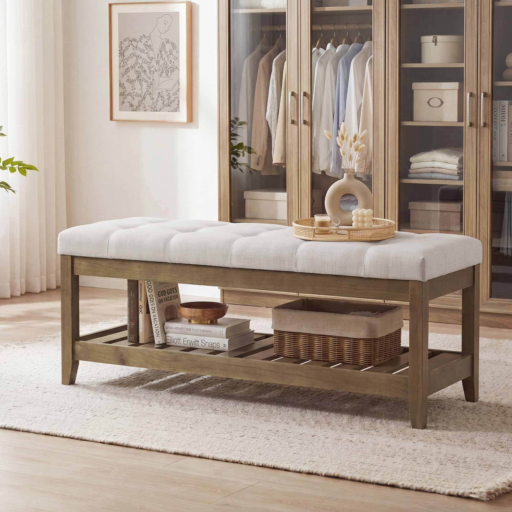 SONGMICS Storage Ottoman with Solid Wood Frame