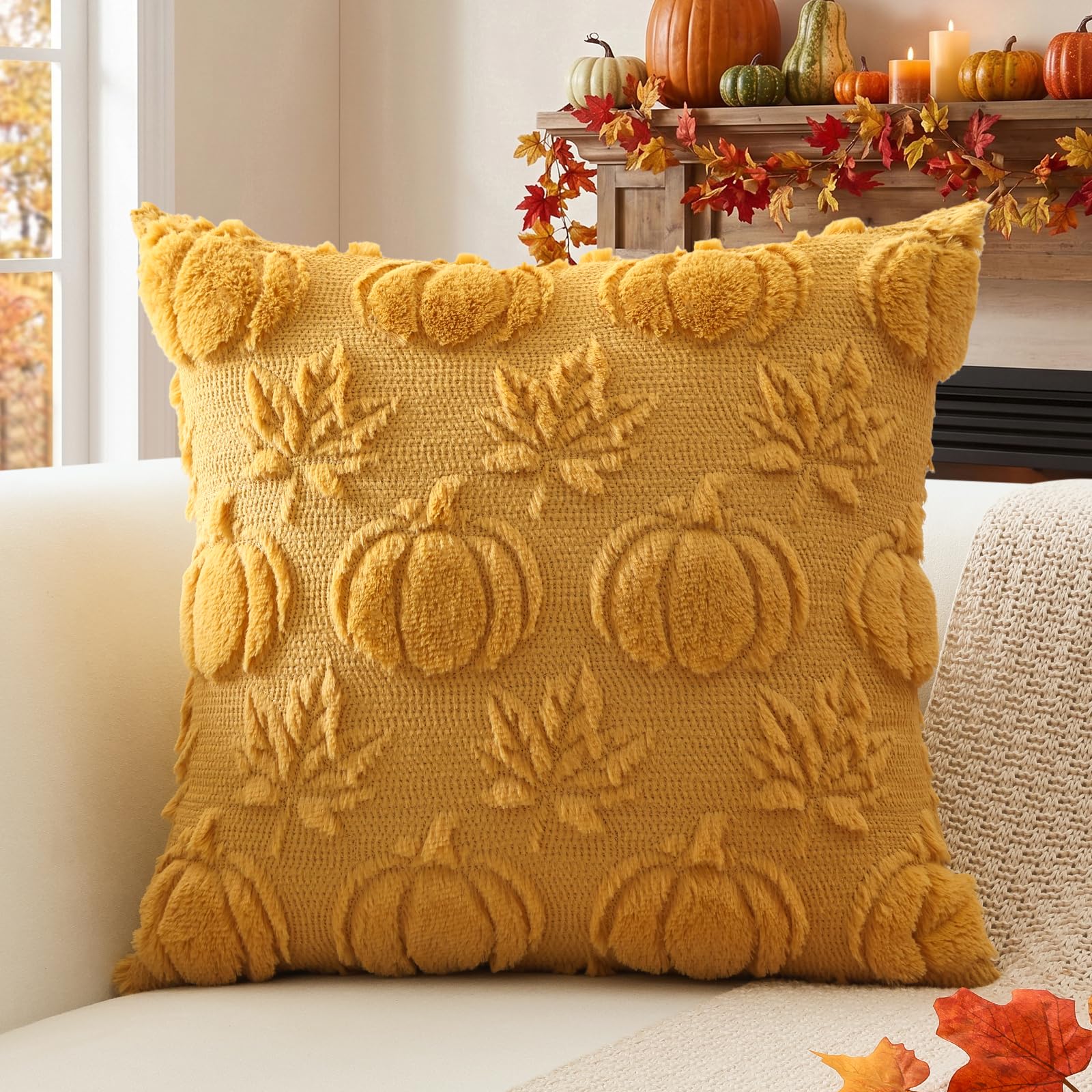 Sungeek Fall Cushion Covers 60x60cm, Pumpkin Maple Leaves Autumn Thanksgiving Decoration Throw Pillow Covers Farmhouse Soft Plush Faux Fur Pillow Case for Sofa Bedroom Living Room, Yellow