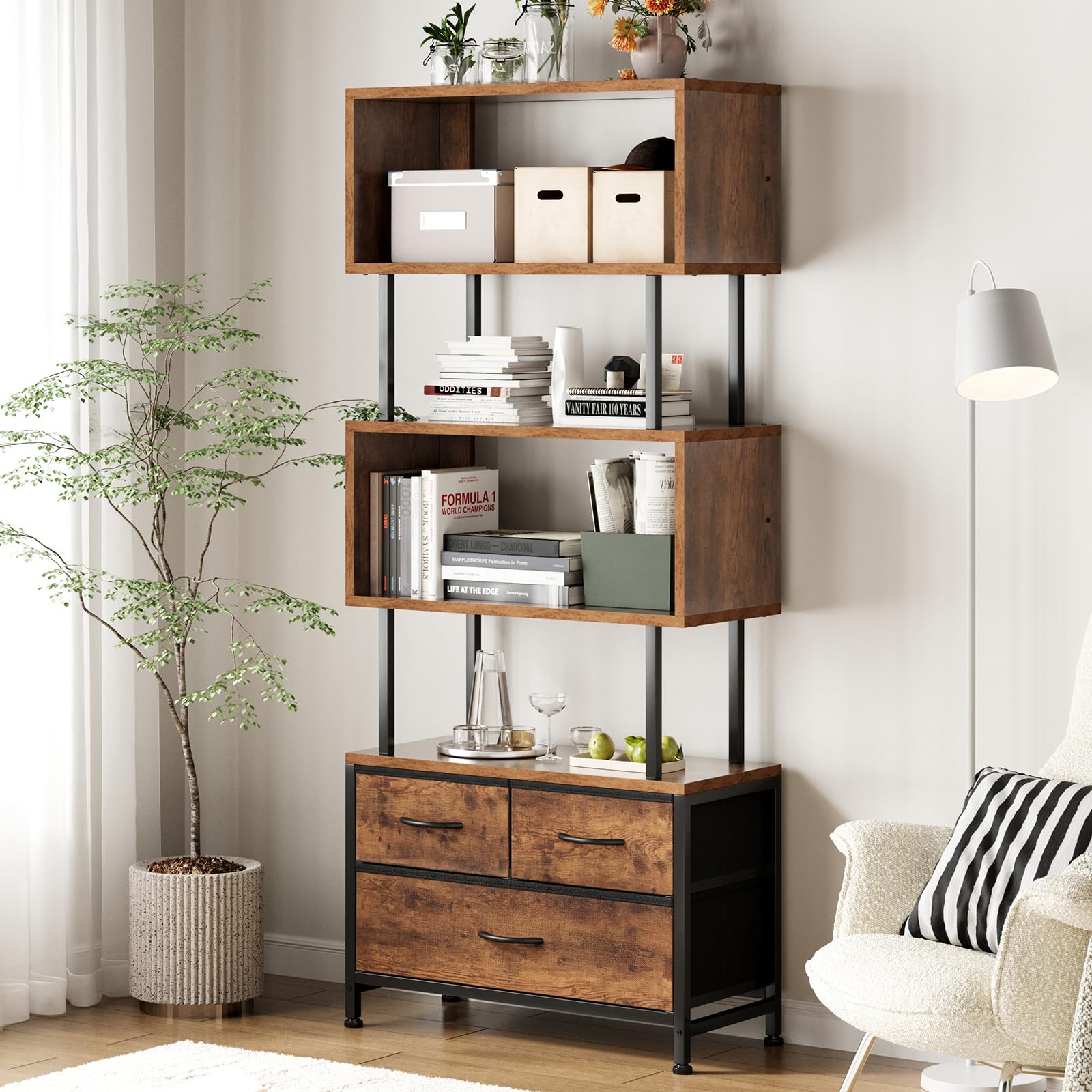 Coleshome Libreria Verticale, Libreria da Parete con 5 Ripiani, con 3 Cassetti in Tessuto, Scaffale Librerie Adatto per Camera da Letto, Ufficio, Soggiorno, 60 x 24 x 155 cm, Colore Retrò
