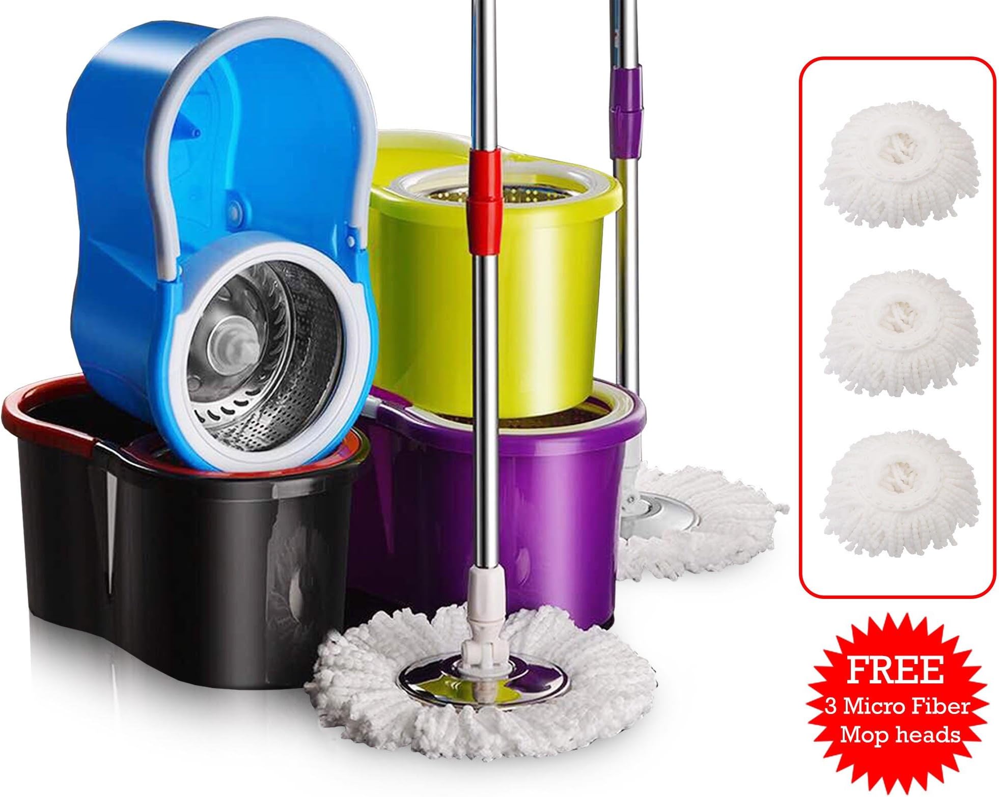 Spin Mops 360 Degrees Rotating Magic Mop Deluxe Bucket Set Stainless Steel Plate (Green)