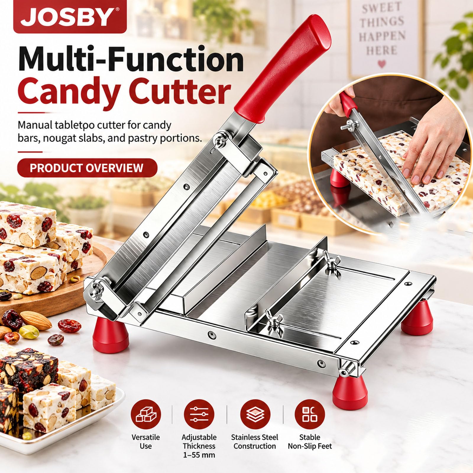 Máquina Cortadora De Dulces Manual, Herramienta De Acero Inoxidable Para Cortar Barras De Turrón, Con Grosor Ajustable De 1 A 55 Mm Y Almohadillas Antideslizantes, Para Turrón