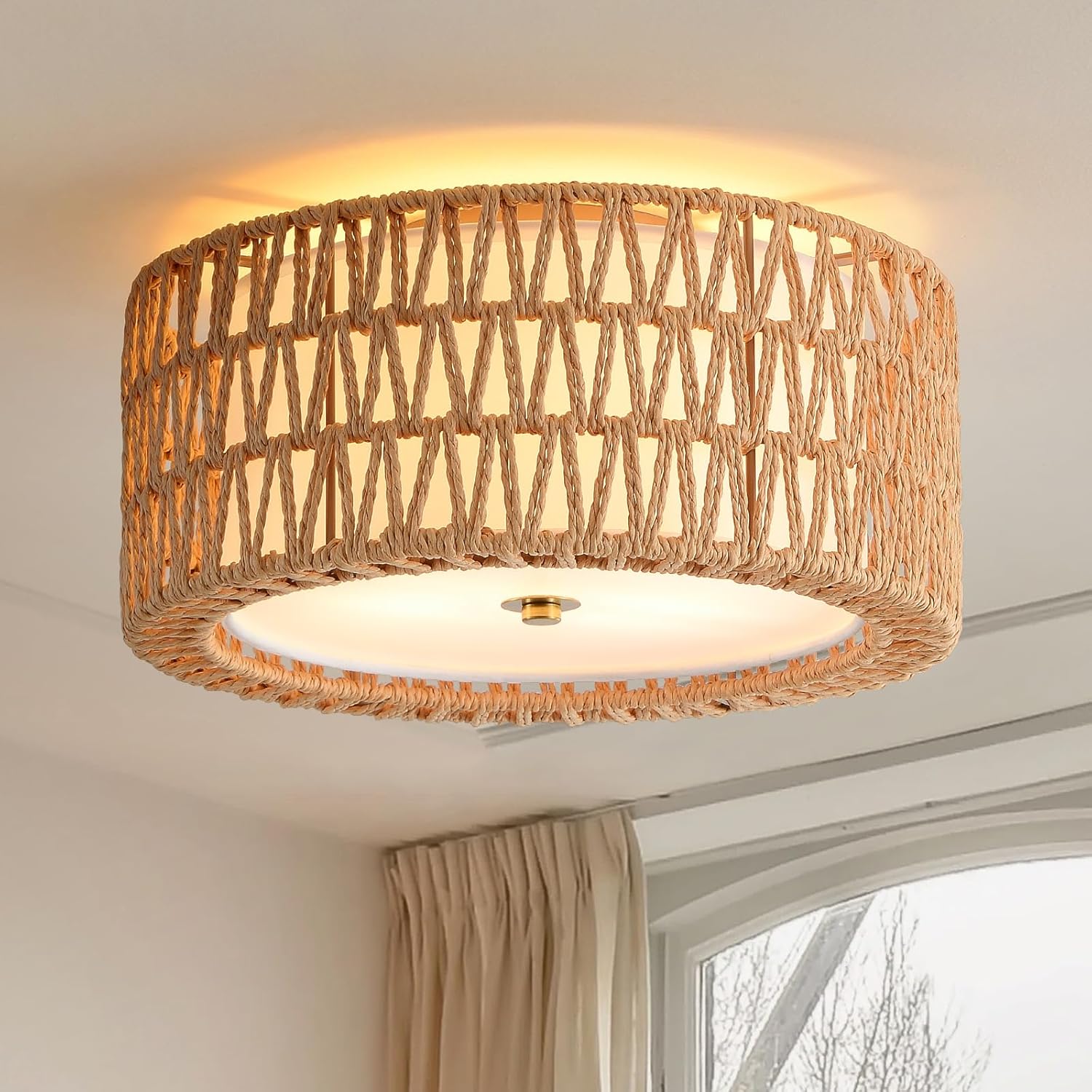 Boho Ceiling Light Fixtures 12.6" Flush Mount Ceiling Light, 3-Light Rattan Light Fixture for Bedroom Close to Ceiling Light Modern Ceiling Light for Foyer Hallway Entryway Kids Room