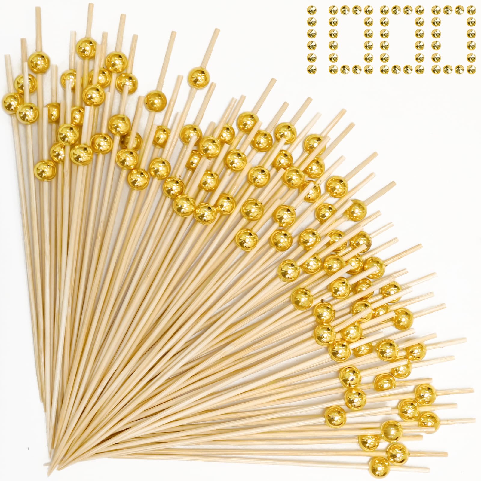 1000 palillos de cóctel elegantes para aperitivos, palillos de cóctel de bambú de 4.7 pulgadas, pinchos de aperitivos para bebidas, frutas, embutidos, fiesta de comida de boda, dorado