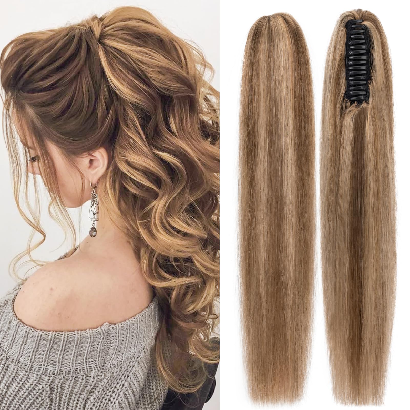TESSHAIR Claw Clip In Ponytail Extension, 100% Human Hair Ponytail Extension, No Tangle & Smooth, 105g, 14 Inch #Medium Brown & Dark Blonde