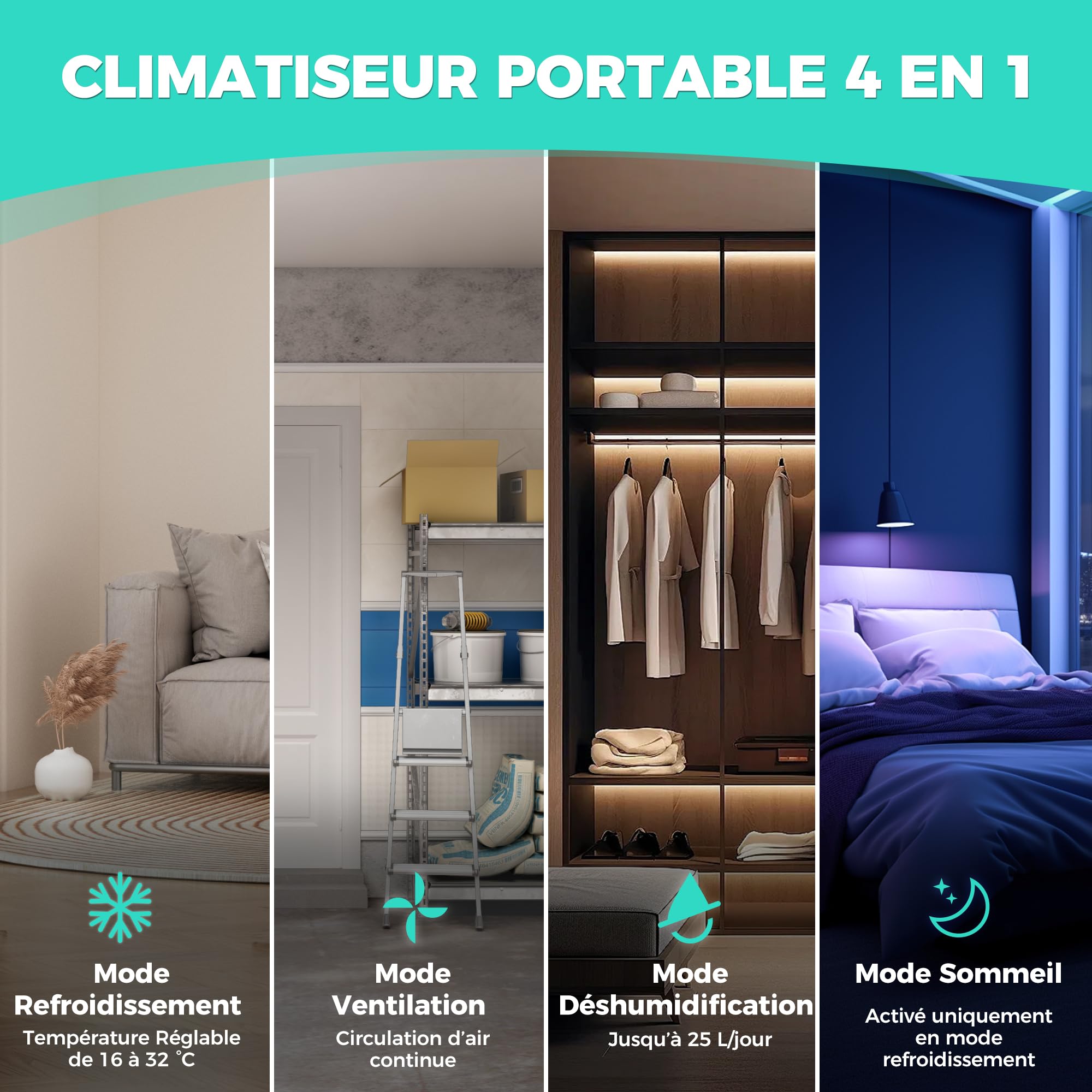 HAUSHOF Climatiseur Mobile 9000 BTU, 4-en-1 avec Tuyau d’Évacuation et Housse d’Isolation Thermique, 330 m³/h, Déshumidificateur 25 L/Jour, Mode Nuit, Télécommande, Kit Fenêtre, Jusqu’à 30 m²