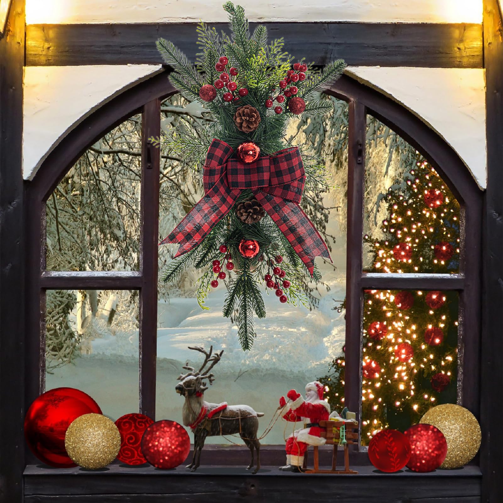 HFEHSKJ Artificial Christmas Teardrop Swags, 23.6 inch Xmas Wreaths for Door, Rustic Stair Garland with Christmas Ball and Bow, Christmas Swags Garland for Staircase Wall Window Decor (B)