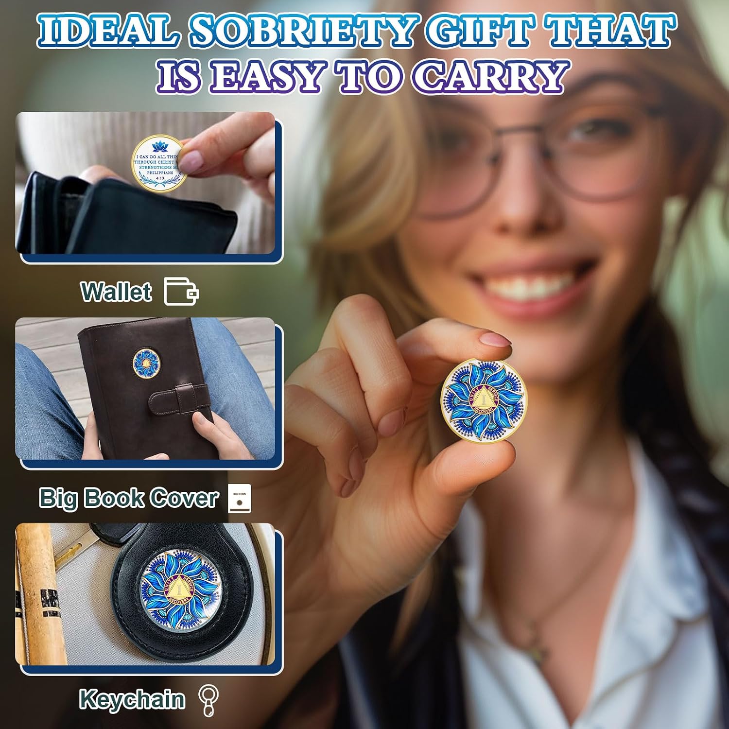 Blue Lotus 1 Year Sobriety Coin - Recovery & Growth AA Medallion, Recovery Chip with Bible Verses, Alcohol Free Anniversary Celebration AA Coin, Clean Living Sobriety Gifts for Men Women