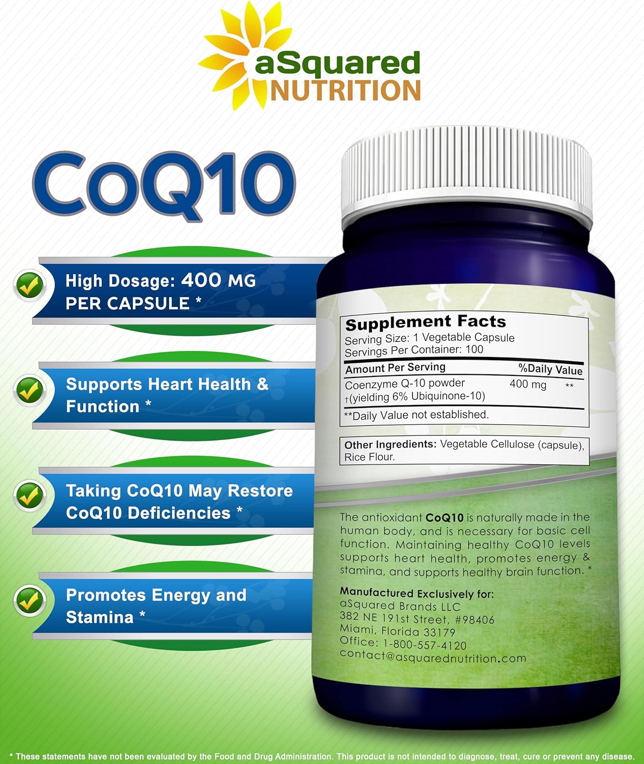 aSquared Nutrition CoQ10 (400mg Max Strength, 100 Veggie Capsules) - High Absorption Coenzyme Q10 Powder - Ubiquinone Supplement Pills, Extra Antioxidant CO Q-10 Enzyme Vitamin Tablets, Coq 10 400 mg - Image 6