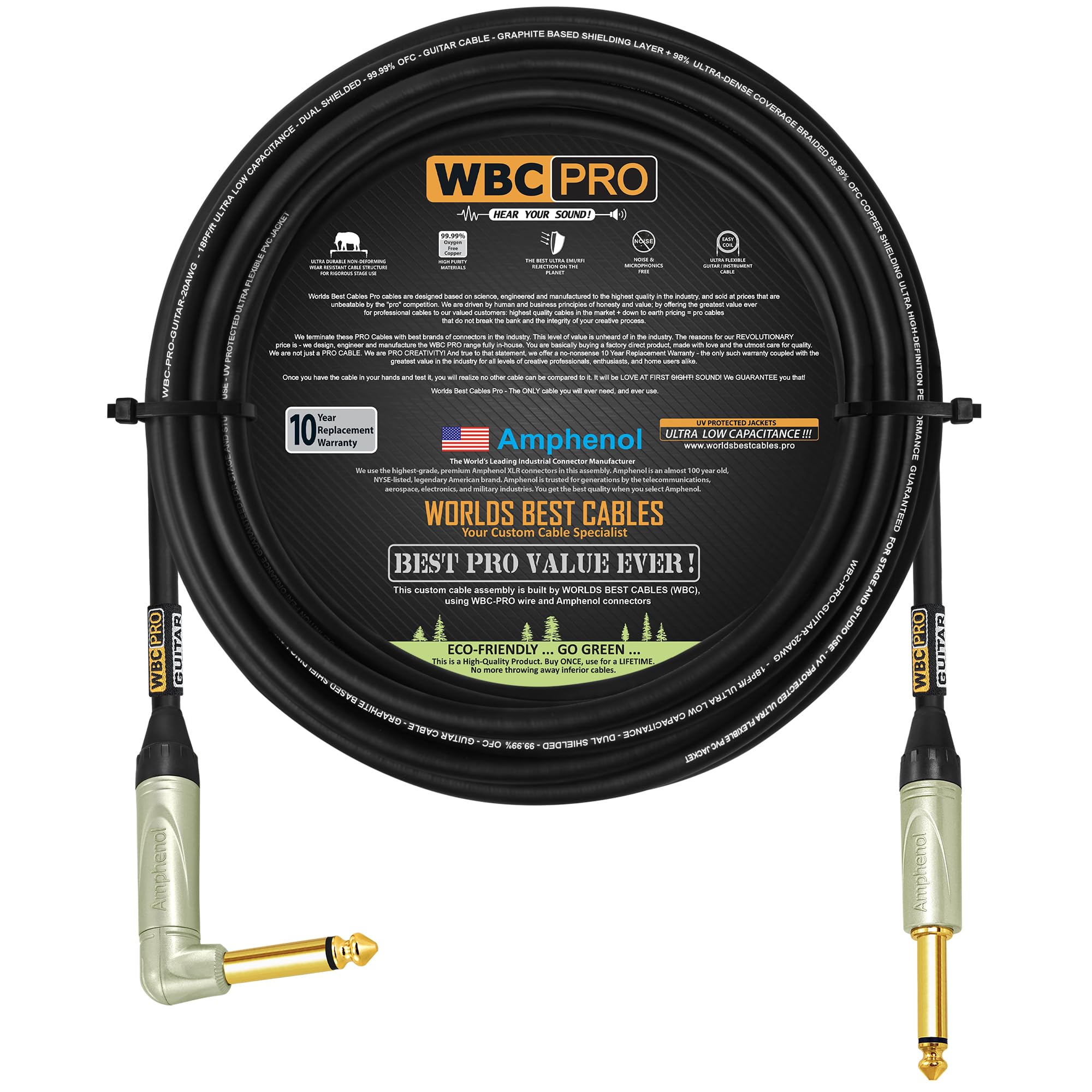 WBC-PRO-GUITAR, 8 metros, 20 AWG, tapa baja (18 pF/pie), grado profesional, basado en grafito, cable de guitarra de doble blindaje, bajo, instrumento con conectores TS dorados Amphenol QM2R-AU y