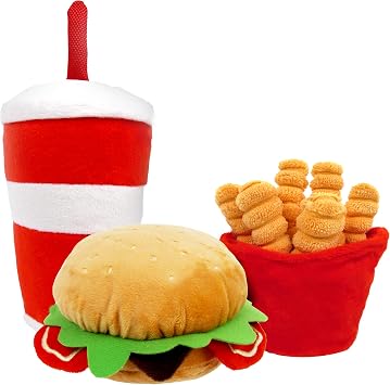 TONBO Happy Chow Combo - Squeaky Plush Cute Dog Toys, Burger, Fries, Soda Happy Chow Combo