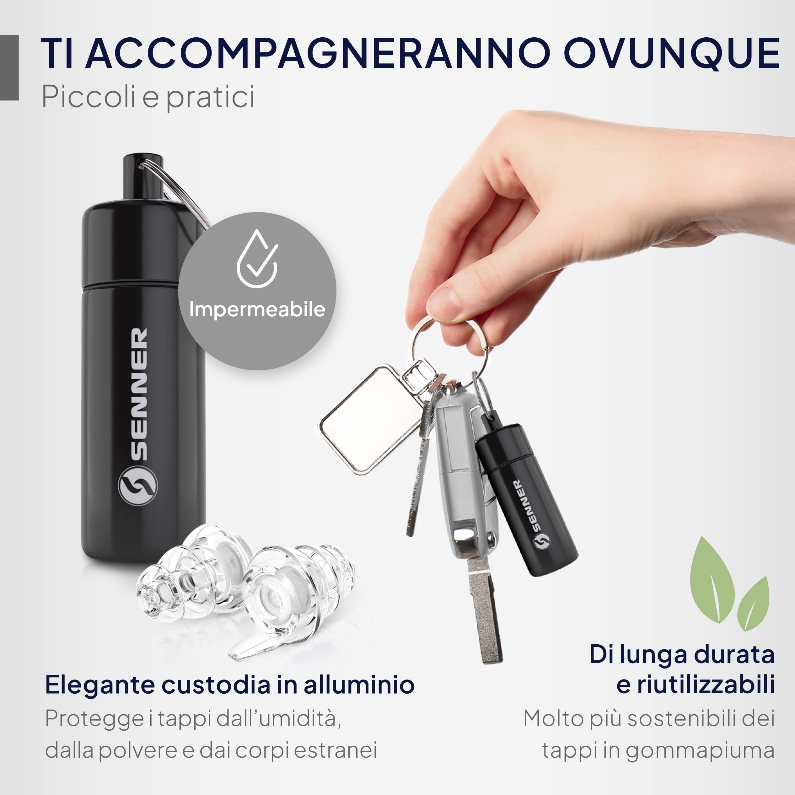 Senner MusicPro tappi per orecchie antirumore a protezione dell’udito con contenitore in alluminio. Ideali per musica, concerti, discoteca e festival, trasparente