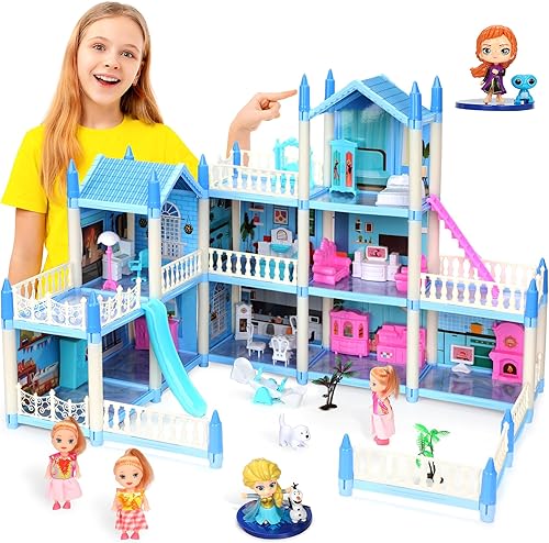 Hermosa casa para niños de 3 a 12 años, 3 pisos, 9 habitaciones, casa de princesa con 4 figuras de juguete, casa de juegos totalmente amueblada