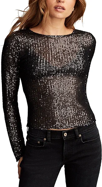 Lucky Brand Womens Sequin Long Sleeve Layering Top