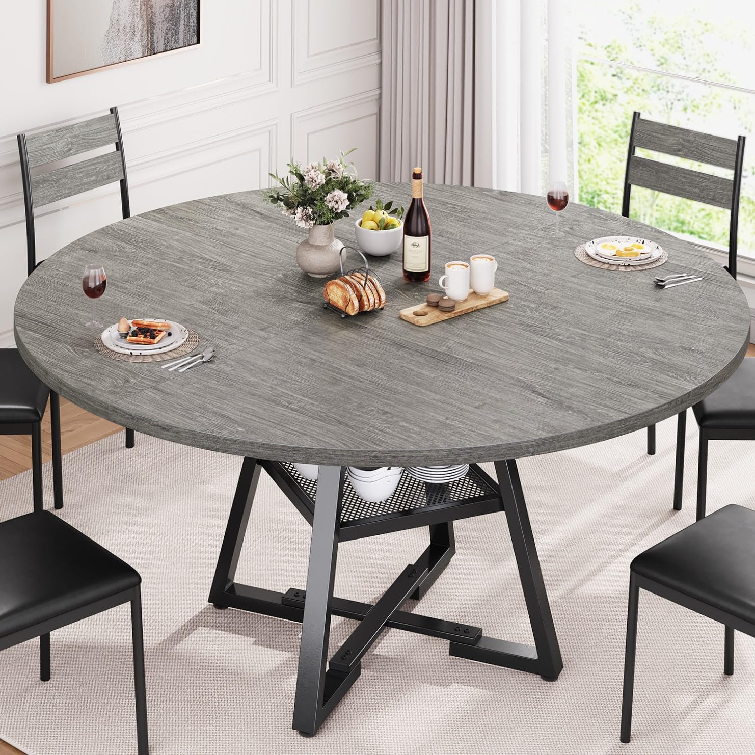 51 Round Dining Table for 6 Kitchen Dining Room Circle Dinner Pedestal Table Space Saving Wood Kitchen Dining