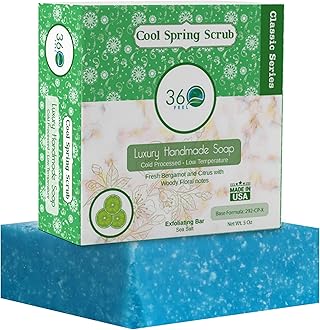 360Feel Cool Spring Scrub Soap - Made in the USA - Castile Handmade, All-Natural, Cold-Processed - Infused with Essential Oils for Gentle Exfoliation & Rich Lather - 5 oz
