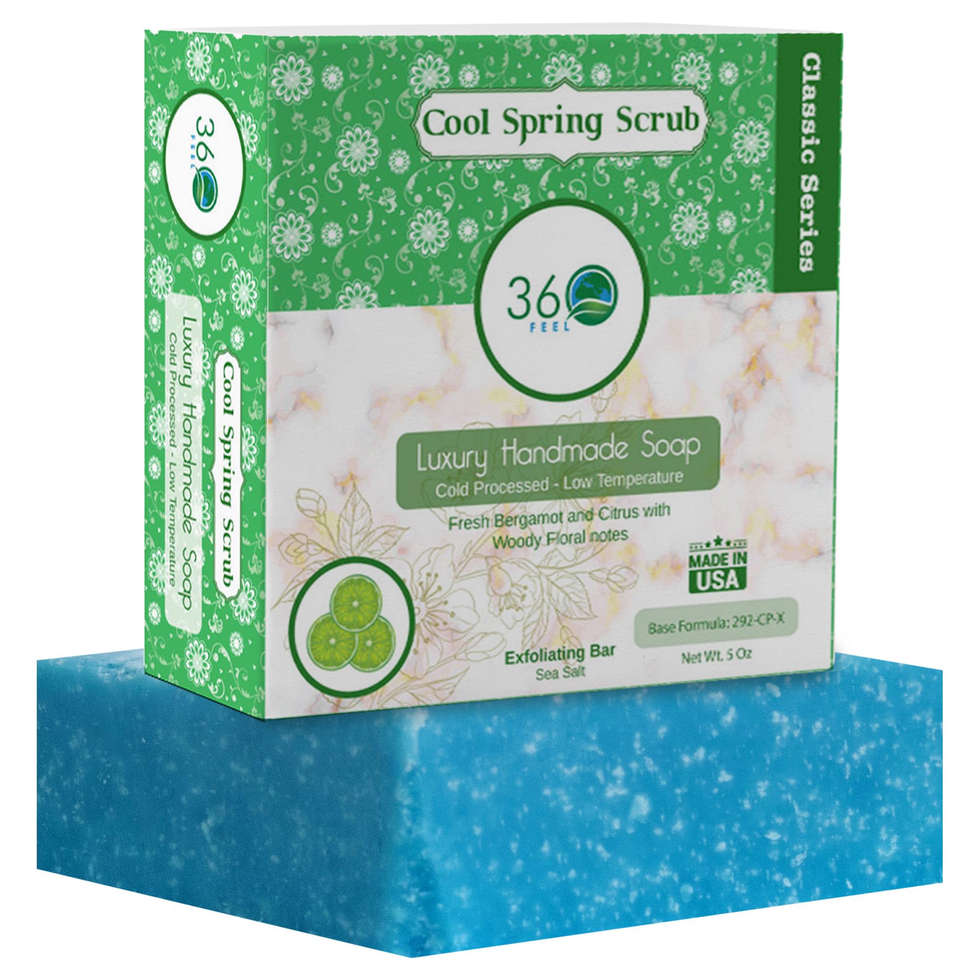 360Feel Cool Spring Scrub Soap - Made in the USA - Castile Handmade, All-Natural, Cold-Processed - Infused with Essential Oils for Gentle Exfoliation & Rich Lather - 5 oz