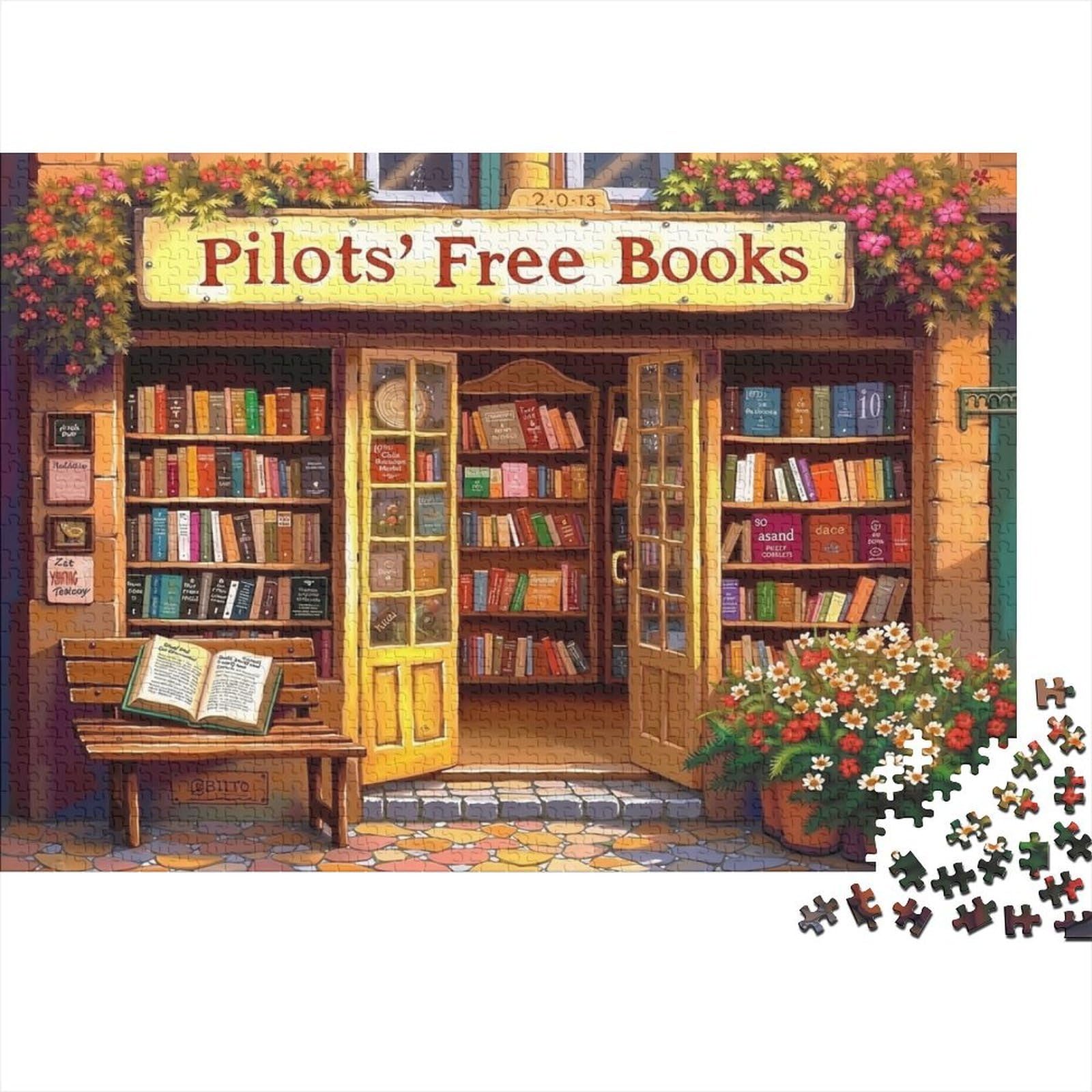 Bookstore Facade 1000-piece Recycled Cardboard Material Pilots' Free Books Bookstore Puzzles for Adults Educational Anxiety Relief Game for Wall Decoration & Gifts Perfect Great Gift Idea for Christma