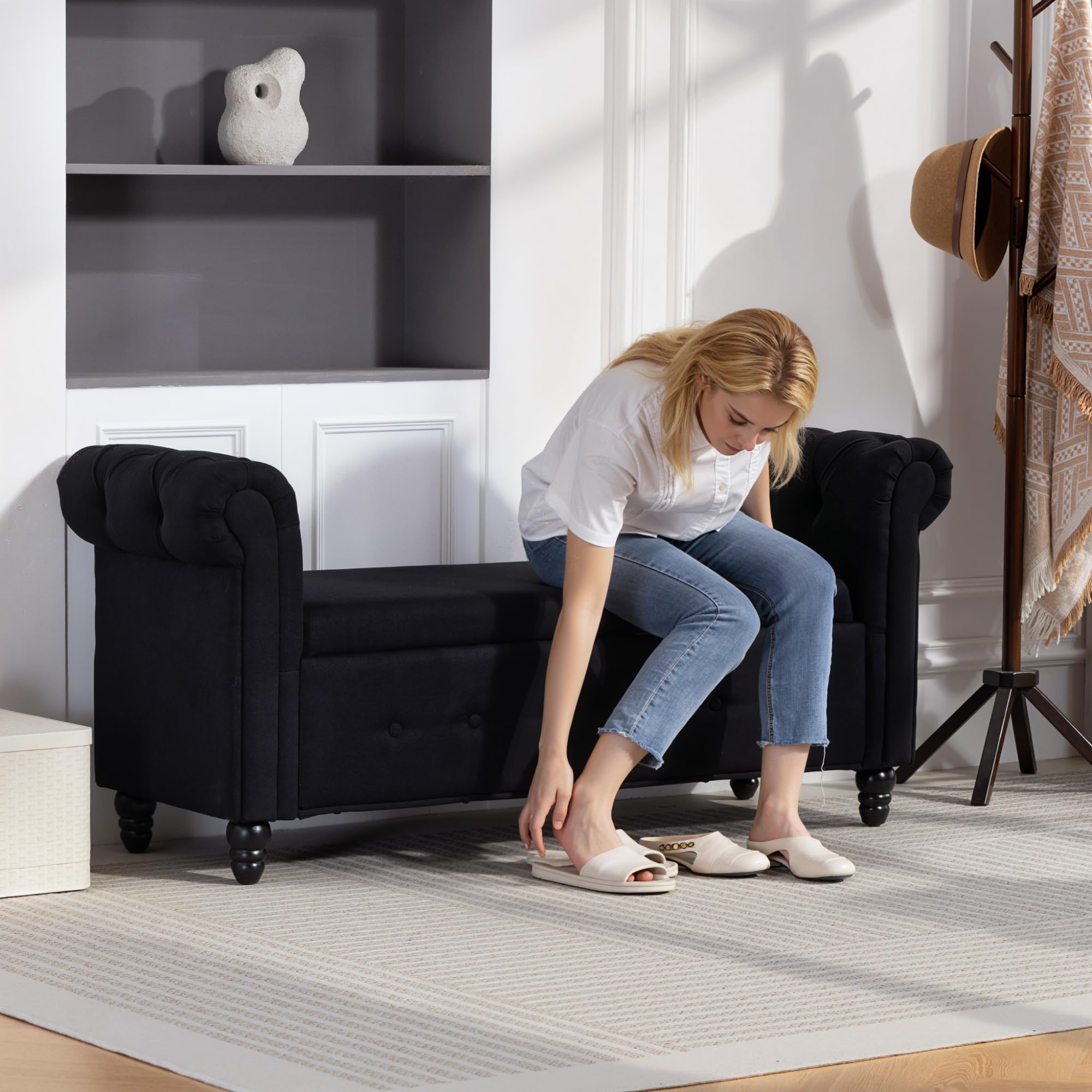 HOMCOM Banc de Rangement, Coffre de Rangement 146,5 x 49 x 72 cm Noir | Tissu Aspect Lin, Pieds en Bois