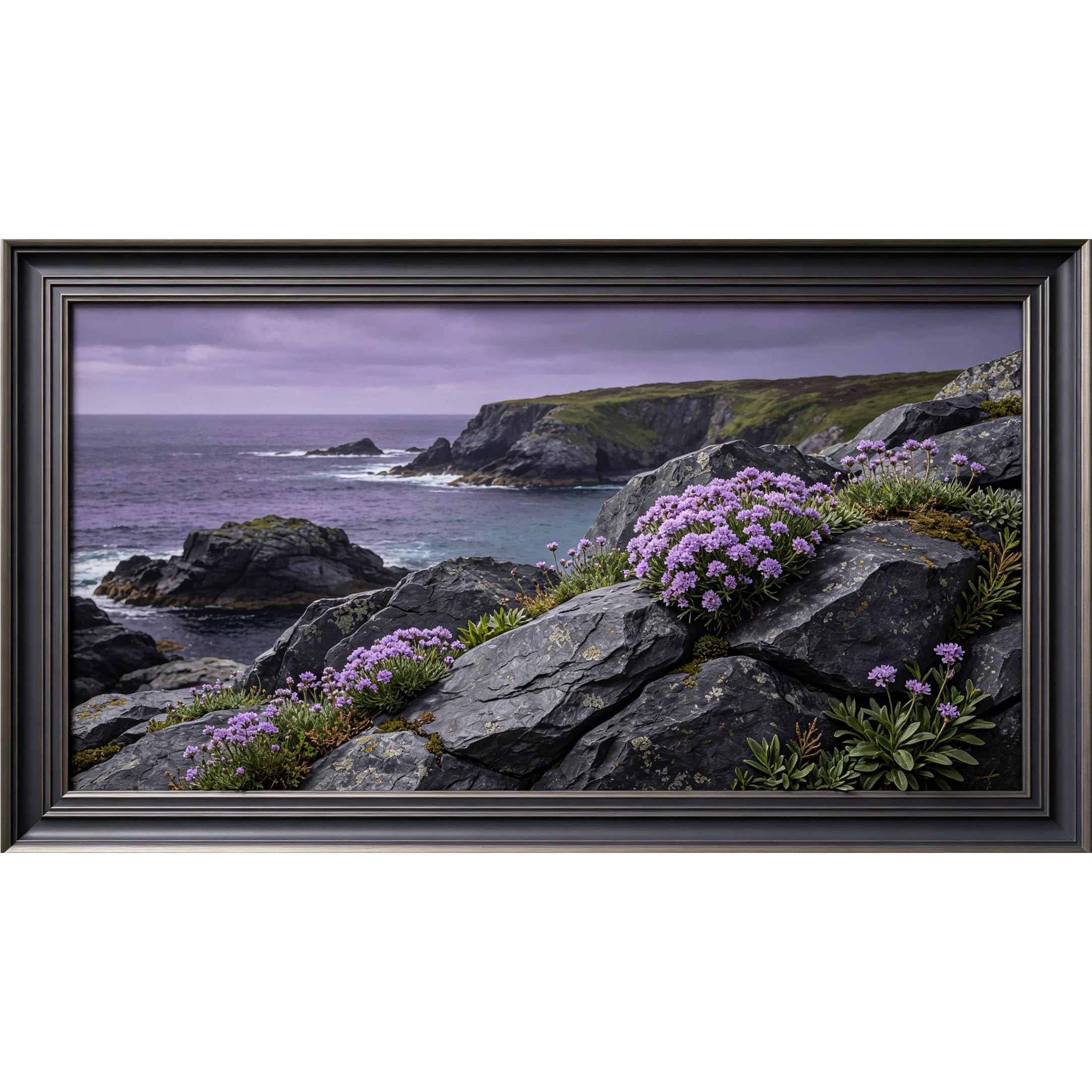 QZLITHOTIC 50×90cm3D Framed Wall Art， Coastal Ocean Cliff Purple Flower Landscape SelfAdhesive Mural， WaterActivated Peel & Stick Fabric Decor Wall Decal for Bedroom Living Room
