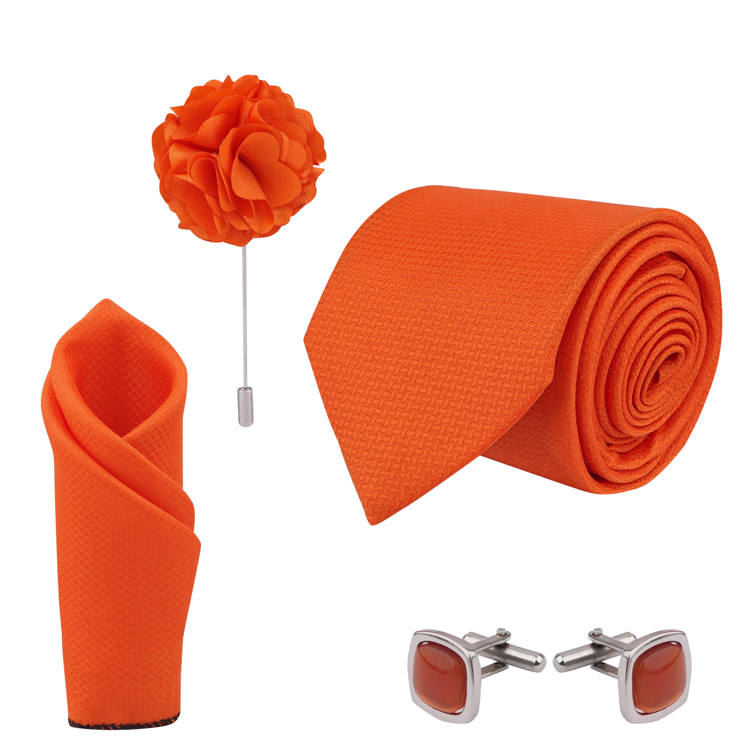 calixto Men's Orange Criss Cross Design MicroPoly Formal Necktie Tie With Pocket Square,Lapel Pin,Cufflinks, Solid Color Tie with Silky Feel (Leatharite Gift Box) (Pack of 4)-picture-56