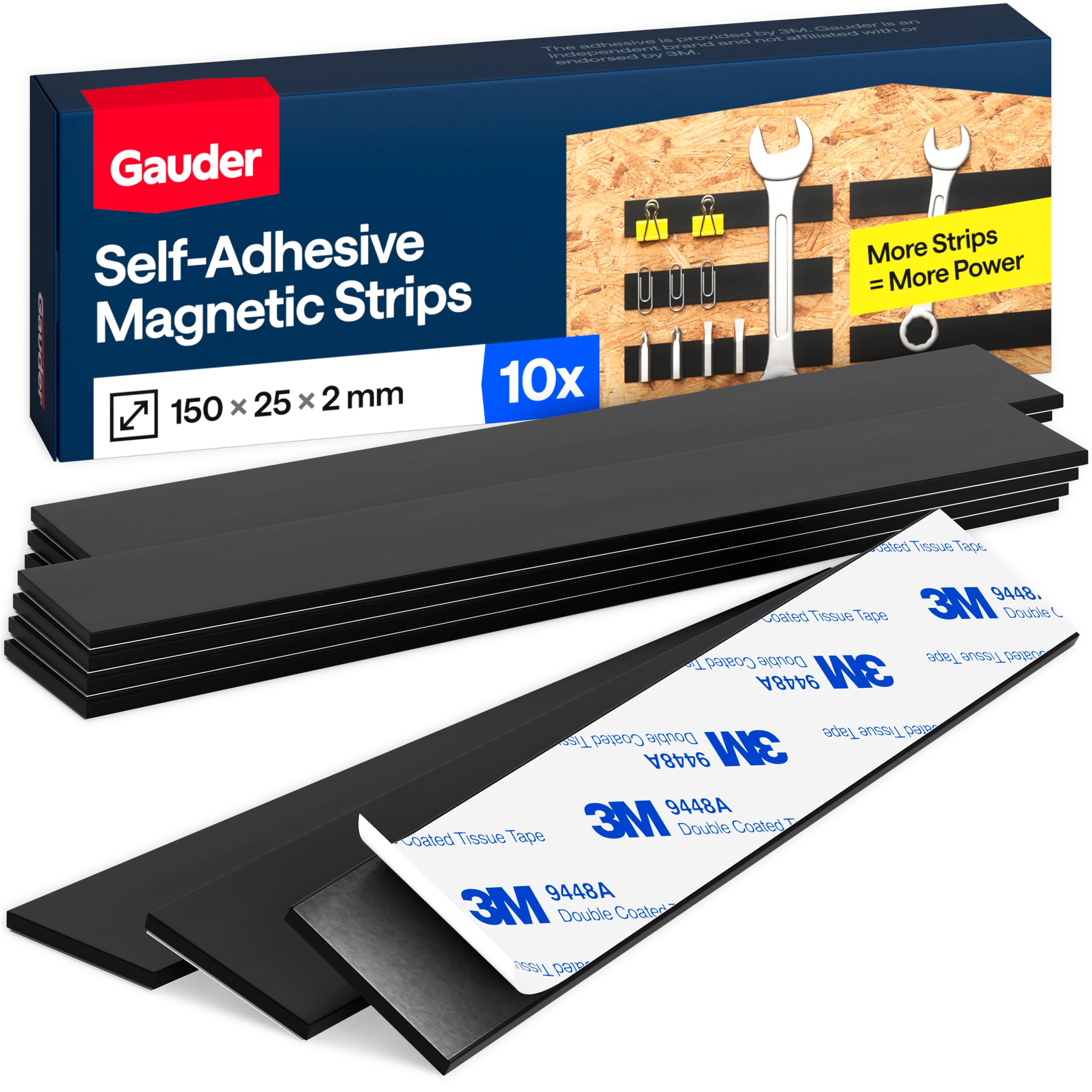 GAUDER Adhesive Magnetic Strips - Strong Magnetic Tape for Attaching Metal Items - Pre-Cut Self-Adhesive Magnet Strips (10 Pieces - 15 cm x 25 mm x 2 mm)