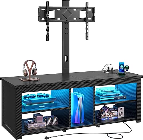 Soporte de TV con soporte y luces LED, soporte de TV giratorio para TV de 70 pulgadas, moderno centro de entretenimiento de madera con toma de Negro