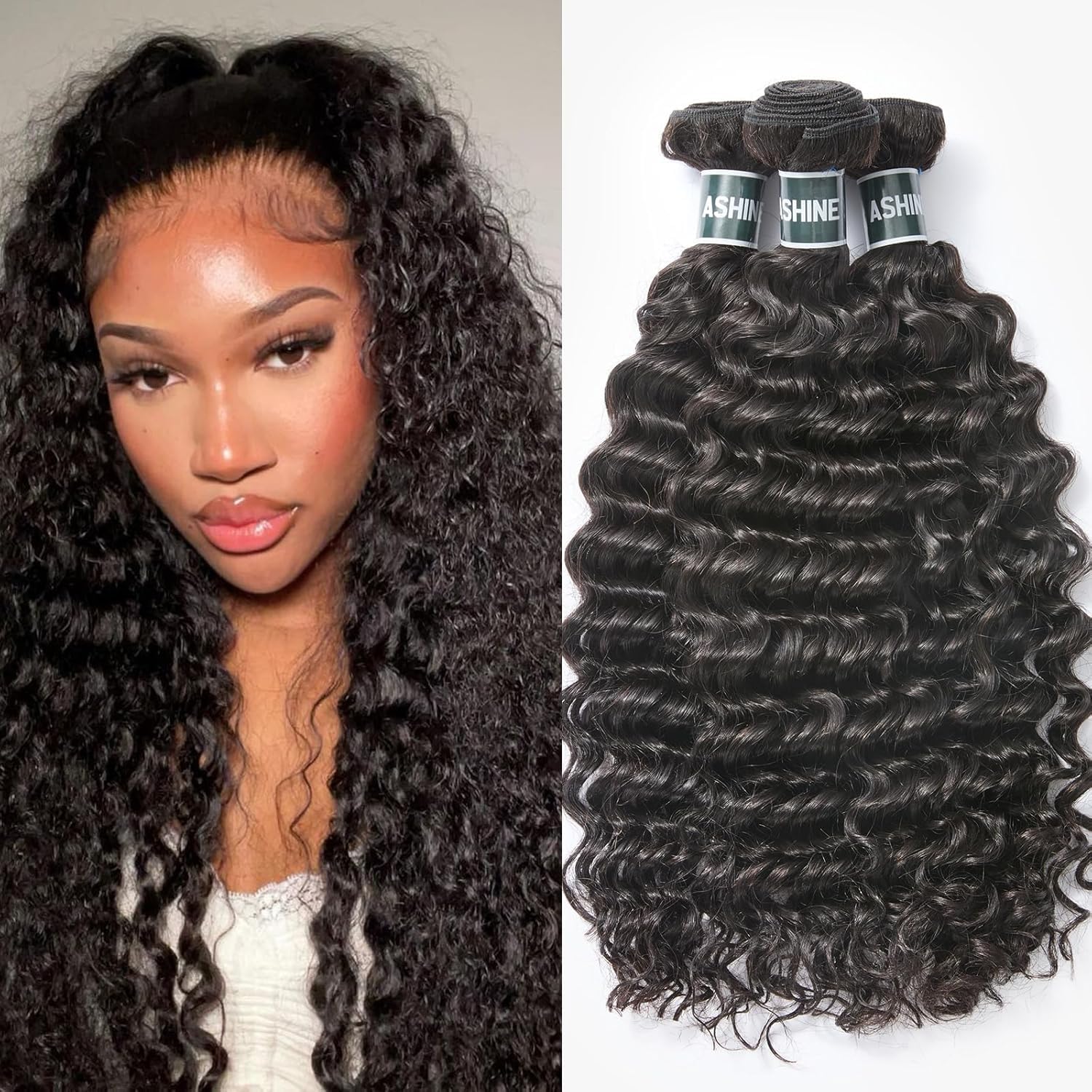Photo 1 of ASHINE Human Hair Bundles Deep Wave Unprocessed Cambodian Raw Hair 18 20 22 Inch, Flip Over Quick Weave Wet and Wave Bundles for Women Natural Black