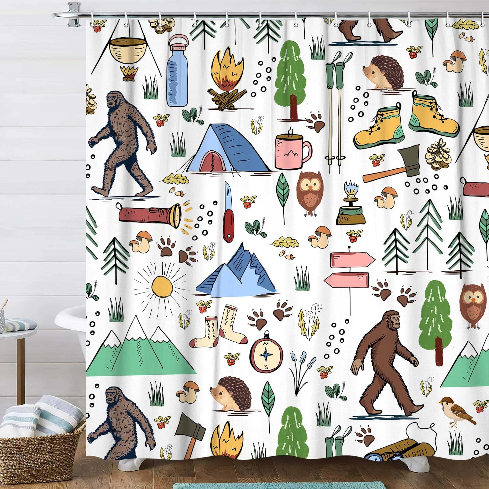 JAWO Big Foot Camping Shower Curtain Outdoor Camper Theme Froest Mountain Big Foot for RV Bathroom Travel Trailer Stall Shower Curtain Set, Waterproof