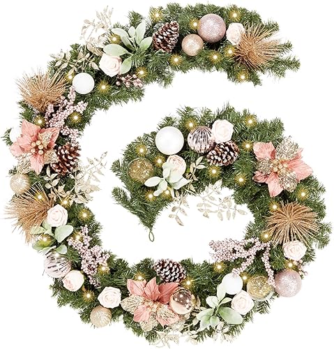 Miniatura 15 de WBHome Guirnalda de Navidad preiluminada de 6 pies/72 pulgadas, guirnalda iluminada roja y dorada con 35 luces LED para decoración de Navidad en