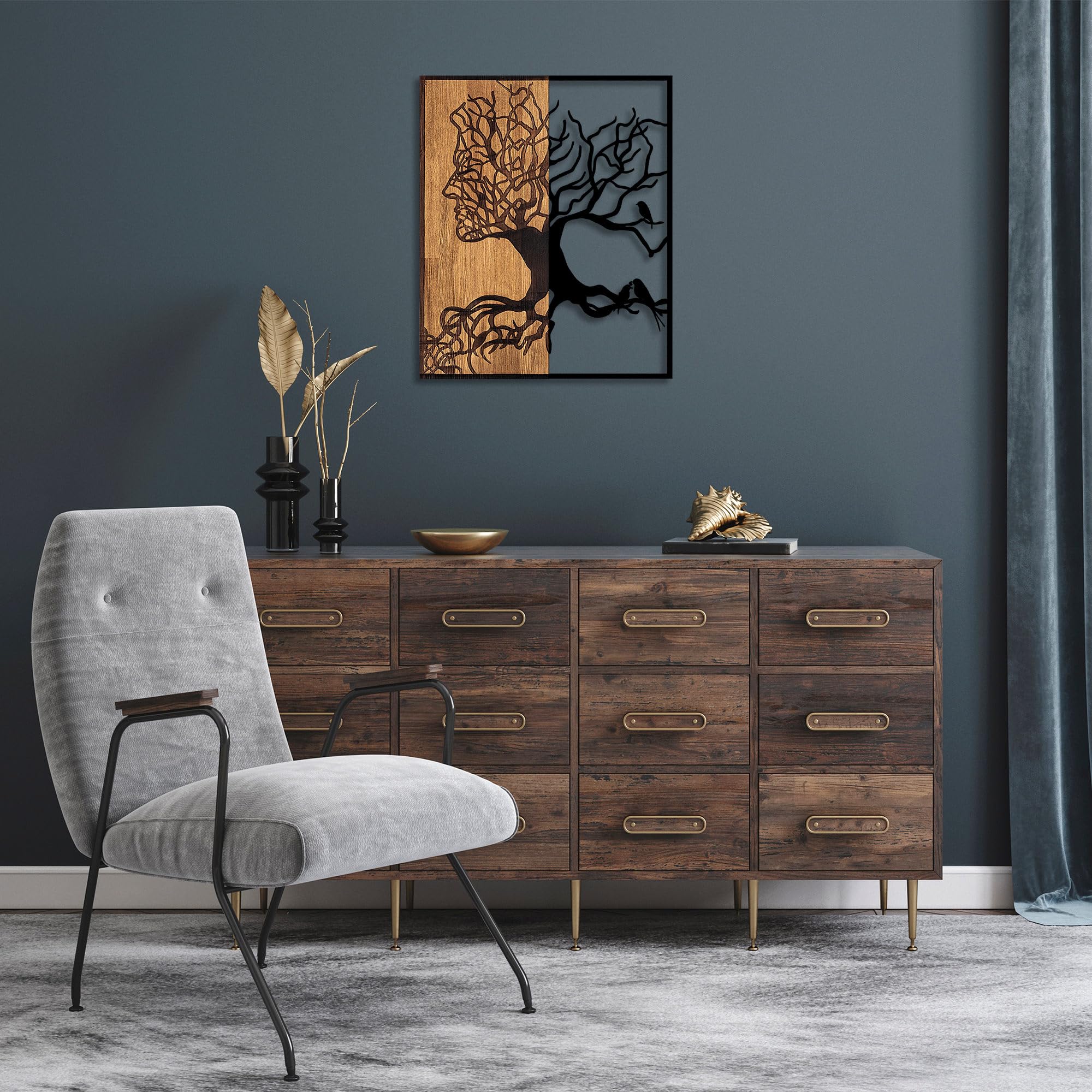 Decorative Wooden Wall Accessory, Black & Walnut, 49 x 3 x 58 cm, 50% Wood (3 cm) & 50% Metal (1.5 mm), Unique Design for Stylish Home Decor
