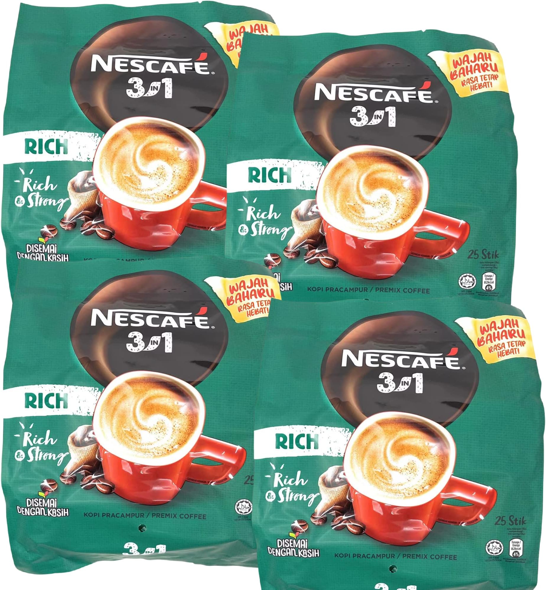 4 Packs Nescafe 3 in 1 Stronger taste than Original Nescafe 3 in 1 Rich Instant Coffee Lebih Kaw Premix Coffee Serve in Cold or Hot 25 Sticks/25 Serving