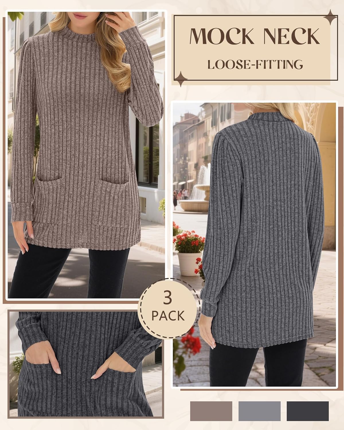 3 Pack Women's Long Sleeve Mock Neck Sweaters, Ribbed Knit Long Tops Turtleneck Loose Fit Tunic Shirt with Pockets - Image 5