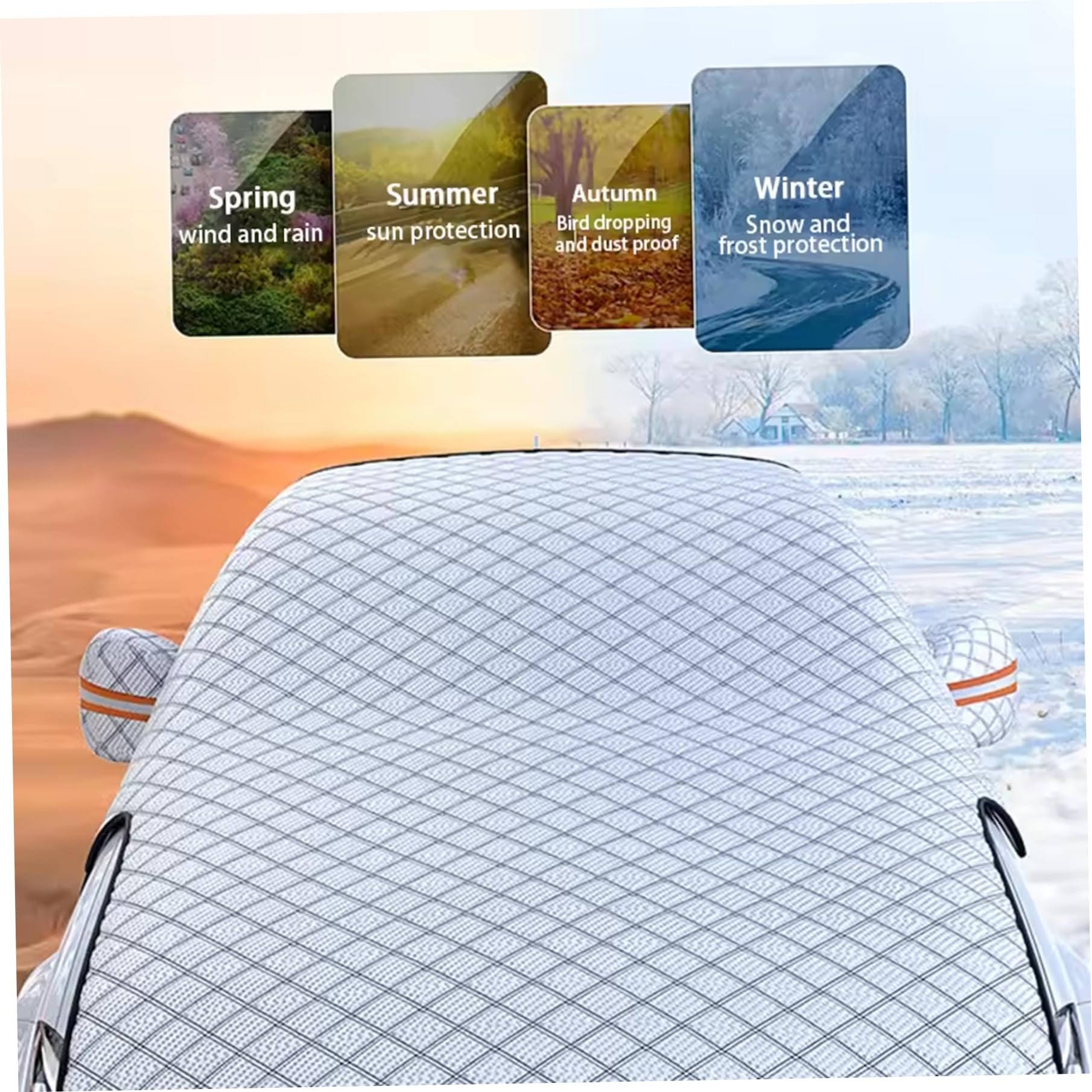 Couverture de Pare-Brise de Voiture pour la Glace et la Neige, allonger Le Capot Voiture et la Couverture Neige Pare-Brise avec Sangle sécurisée, Housses Protection d'épaisseur véhicul