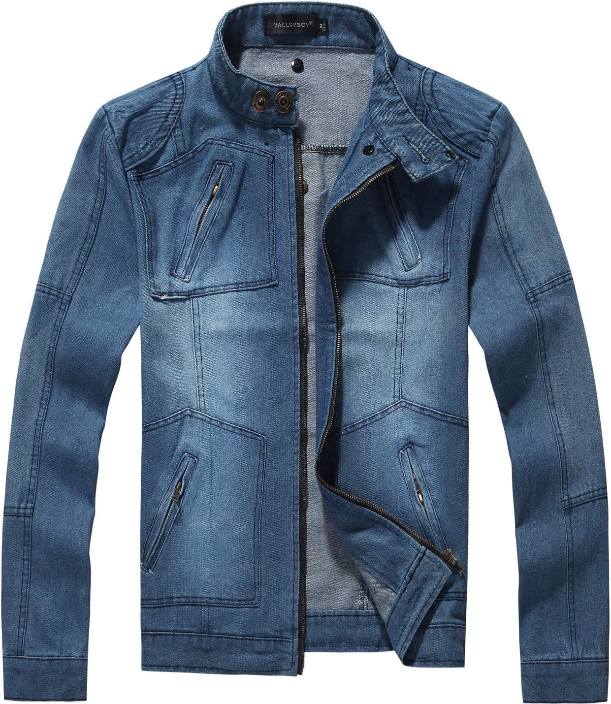 Flygo Men's Casual Full Zip Moto Denim Jean Jacket Coat with Detachable Hooded (Blue, X-small)