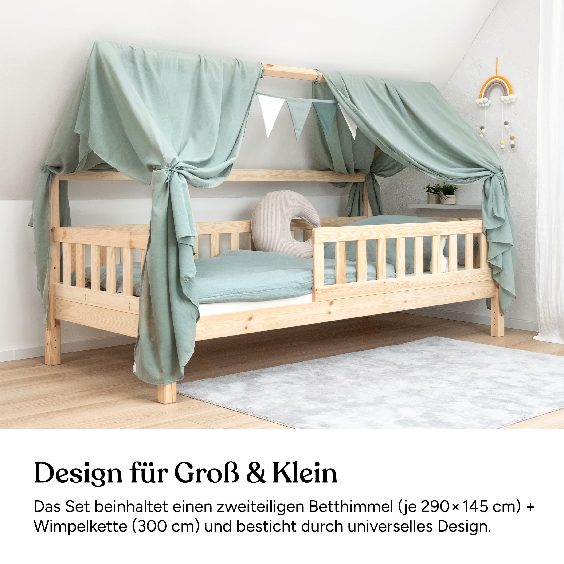 Ehrenkind® Kinderzimmer-Deko-Set: Betthimmel & Wimpelkette für magische Momente | Oeko-TEX Zertifiziert | Kinderzimmer Deko | Betthimmel Kinderzimmer, 120x200 Beige