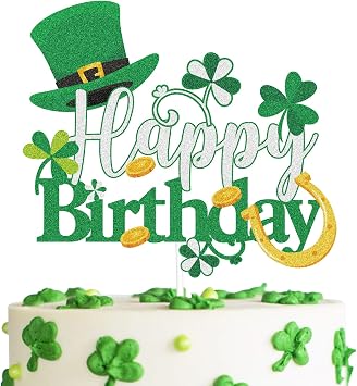 St. Patricks Day Happy Birthday Cake Topper Lucky Leaf Clover Irish Themed Party Green Glitter Decorations,St Patricks Day Theme Baby Shower Birthday Party Supplies
