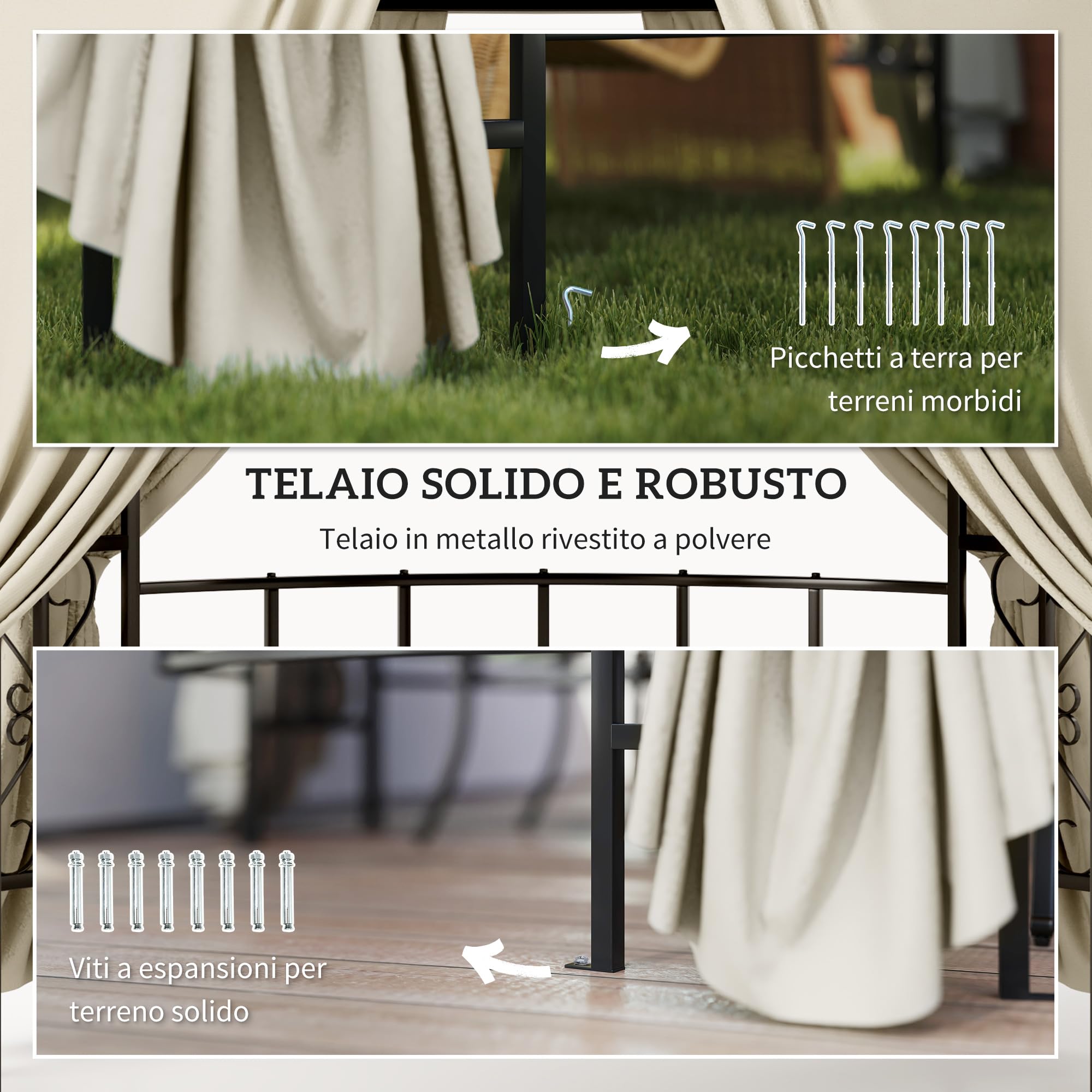 Outsunny Gazebo da Giardino Rotondo Ø3m con Tende e Prese d'Aria Beige | Gazebo da Esterno, in Metallo e Poliestere