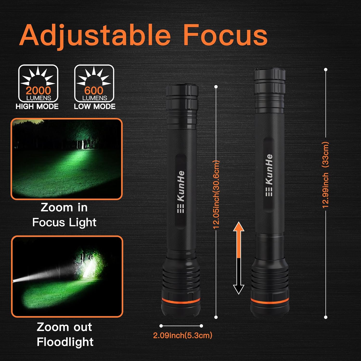 KunHe 2 Pack Heavy Duty 4D Cell LED Flashlights Large Aluminum Zoomable High Lumens 2000 LM Battery Powered Police Flash Light- Big Flashlight for Home Emergency Power Outages Camping Car