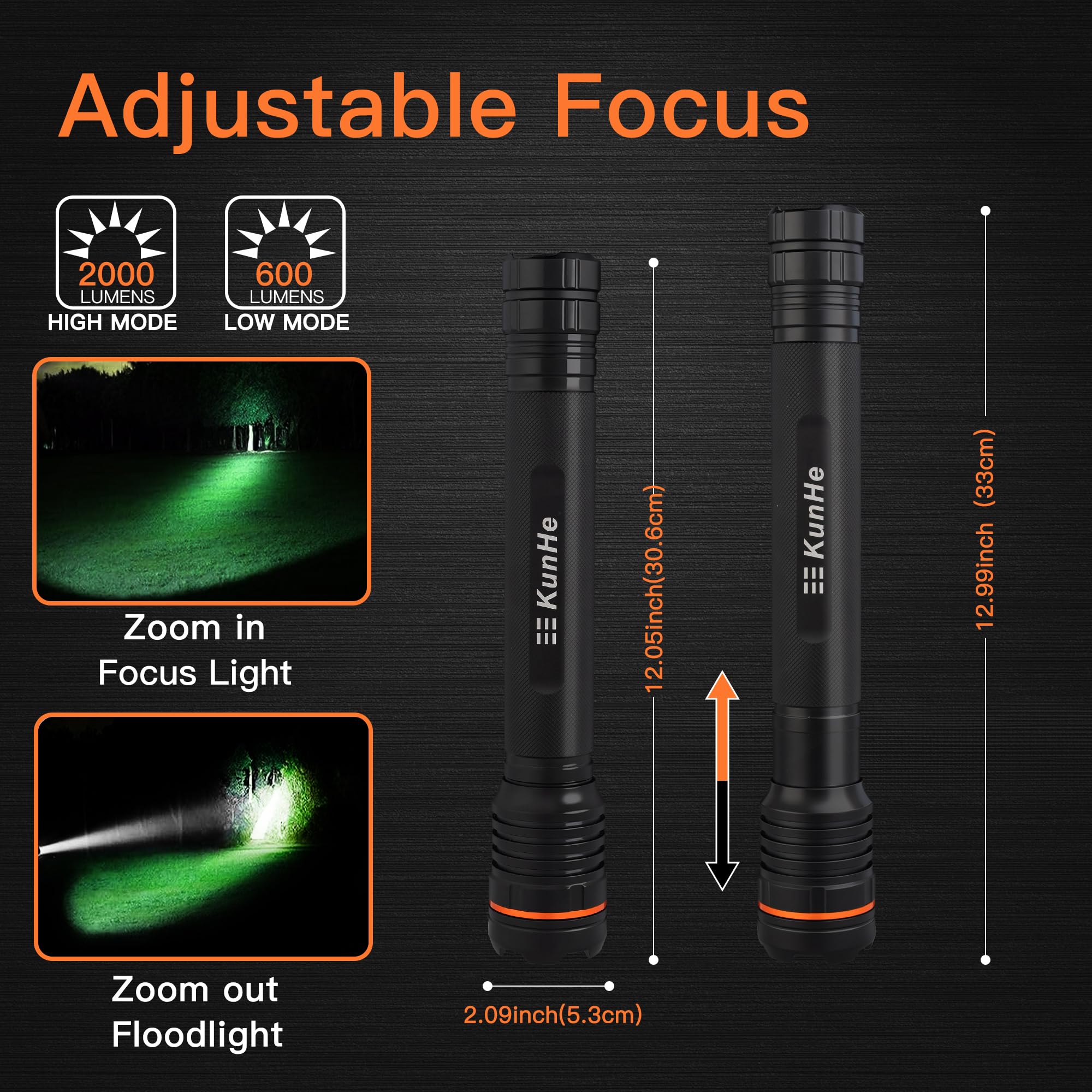 KunHe Lot de 2 grandes lampes de poche LED 4D robustes en aluminium zoomable haute luminosité 2000 lm alimentée par batterie pour la maison, les pannes de courant, le camping et la voiture
