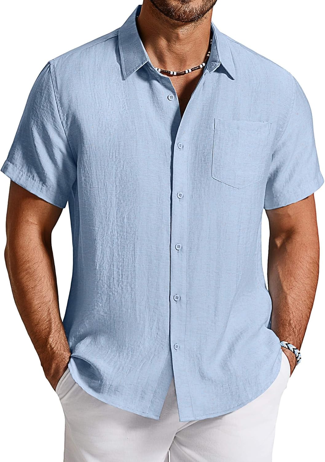 COOFANDY Linen Shirts for Men Short Sleeve Button Down Shirt Casual Beach Summer Vacation Shirt with Pocket